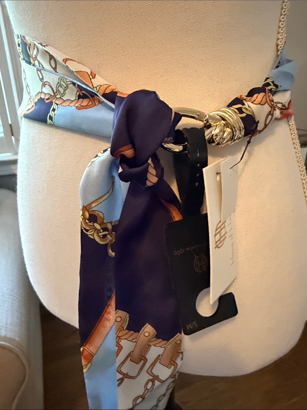House of Harlow 1960 Navy& Blue Chain Print Scarf Belt w/ Gold Horse Bit Tie S/M